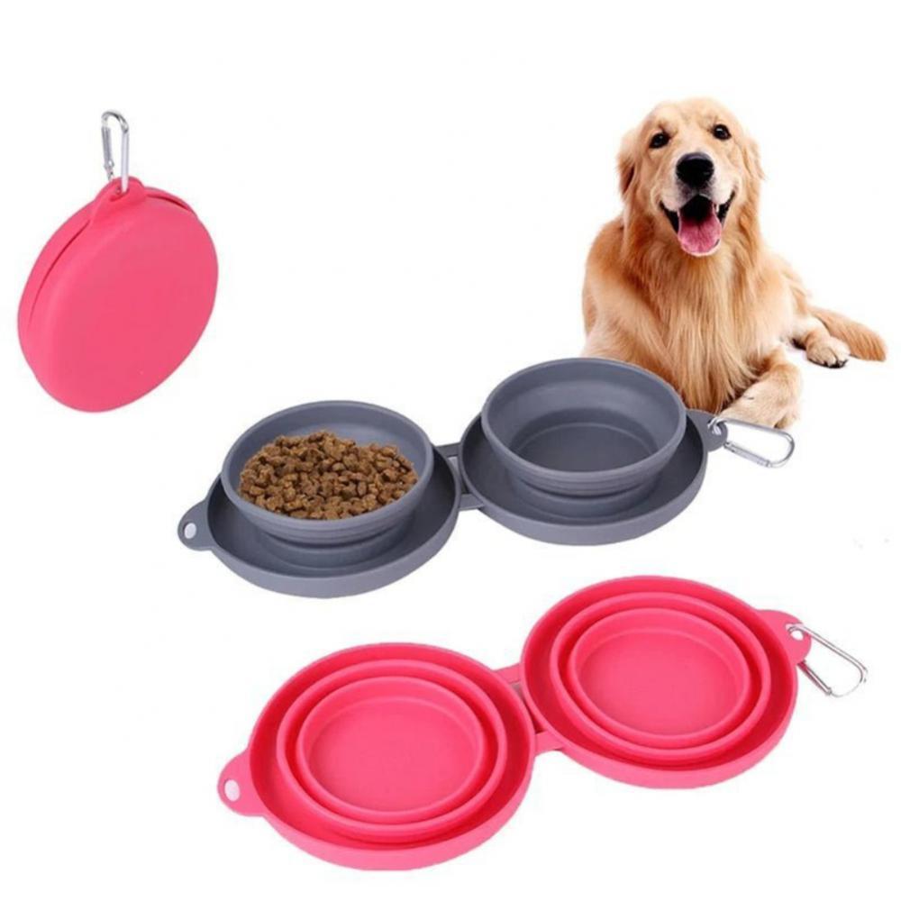 Foldable Silicone Double Pet Feeding Bowl – Portable No-Spill Travel Bowls for Dogs & Cats with Non-Slip Mat