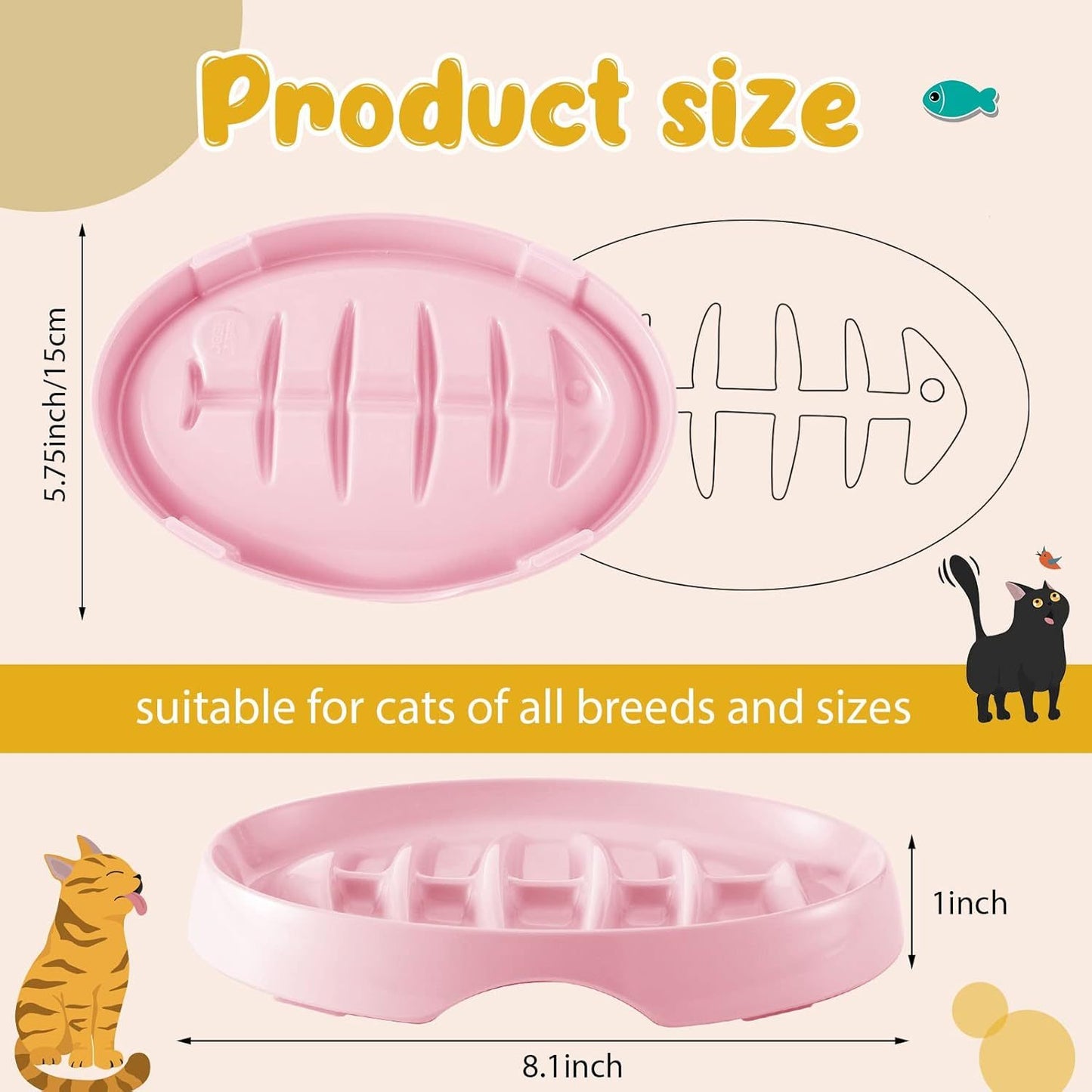 Fishbone Cat Slow Feeder Bowl – Interactive Cat Slow Feeder Dish for Wet & Dry Food, Anti-Gulping & Bloat Prevention