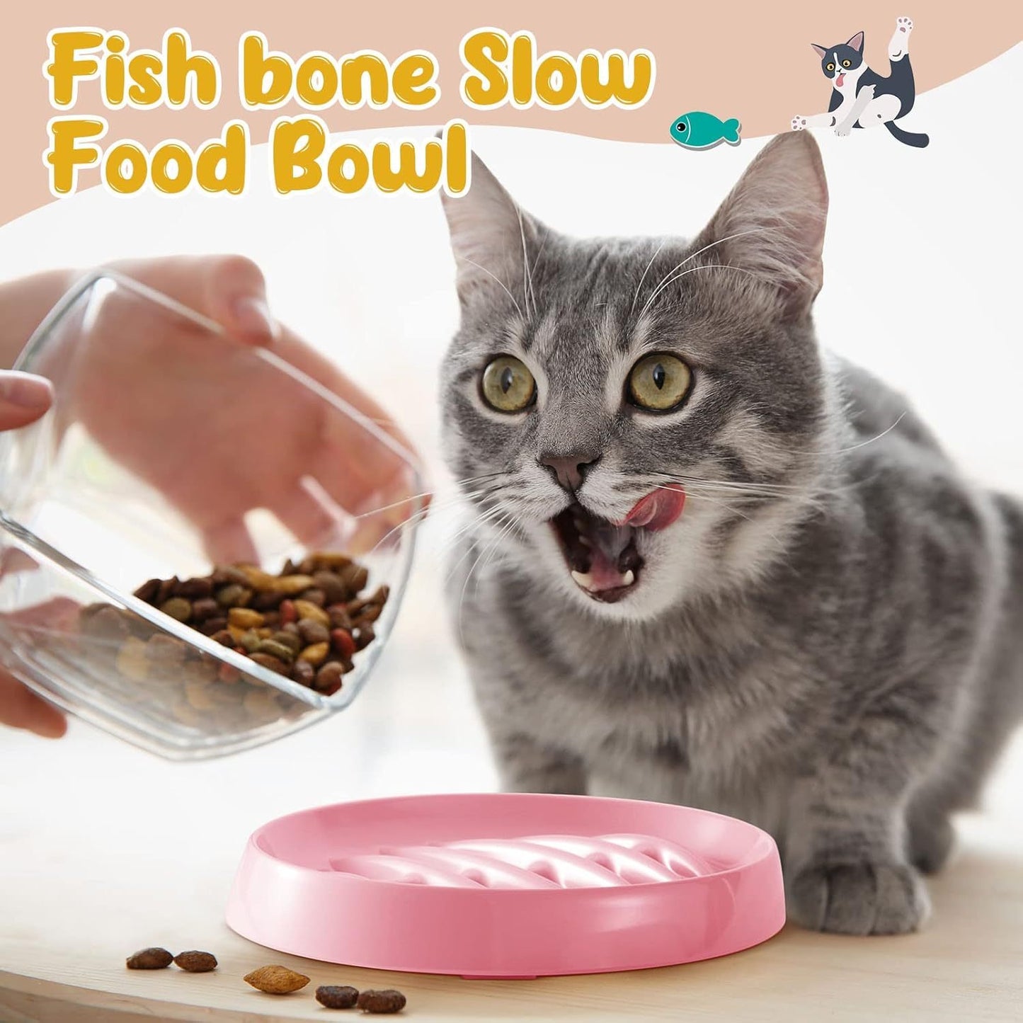 Fishbone Cat Slow Feeder Bowl – Interactive Cat Slow Feeder Dish for Wet & Dry Food, Anti-Gulping & Bloat Prevention