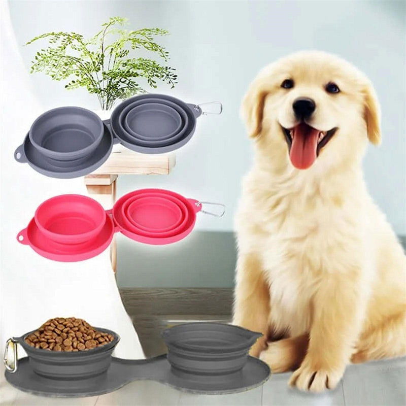 Foldable Silicone Double Pet Feeding Bowl – Portable No-Spill Travel Bowls for Dogs & Cats with Non-Slip Mat
