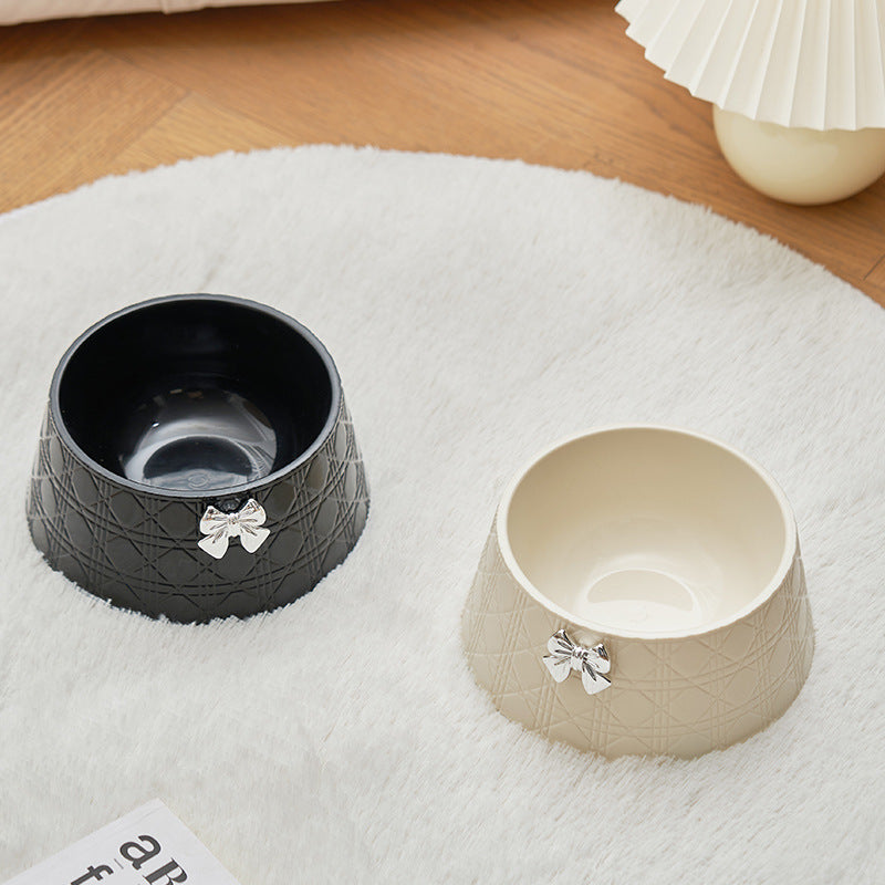 Princess Style Dog Food Bowl with Bowknot – Cute Diamond Pattern Puppy Feeder Dish for Cats & Small Dogs