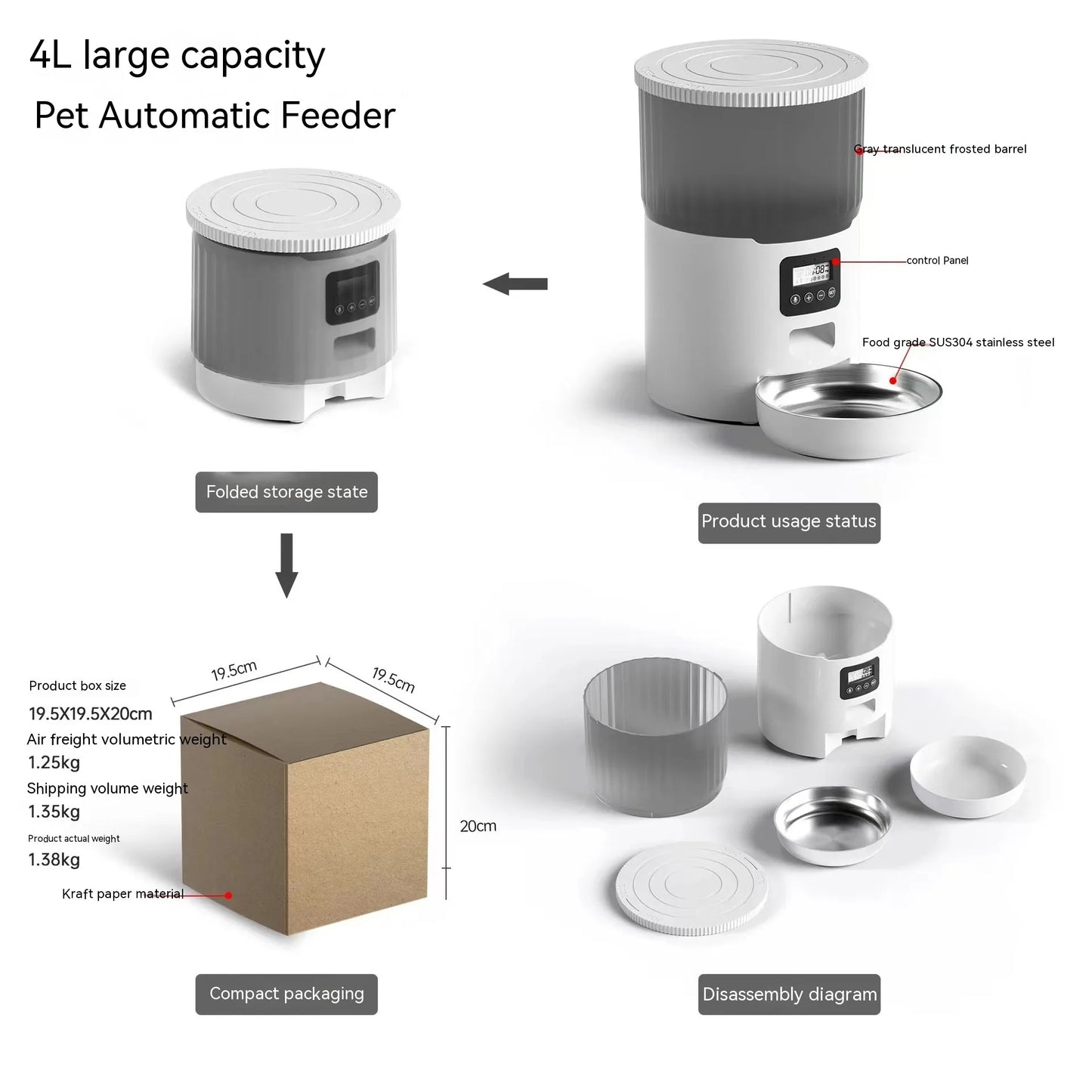 Smart Automatic Pet Feeder for Cats & Dogs – 4L WiFi Programmable Food Dispenser with USB