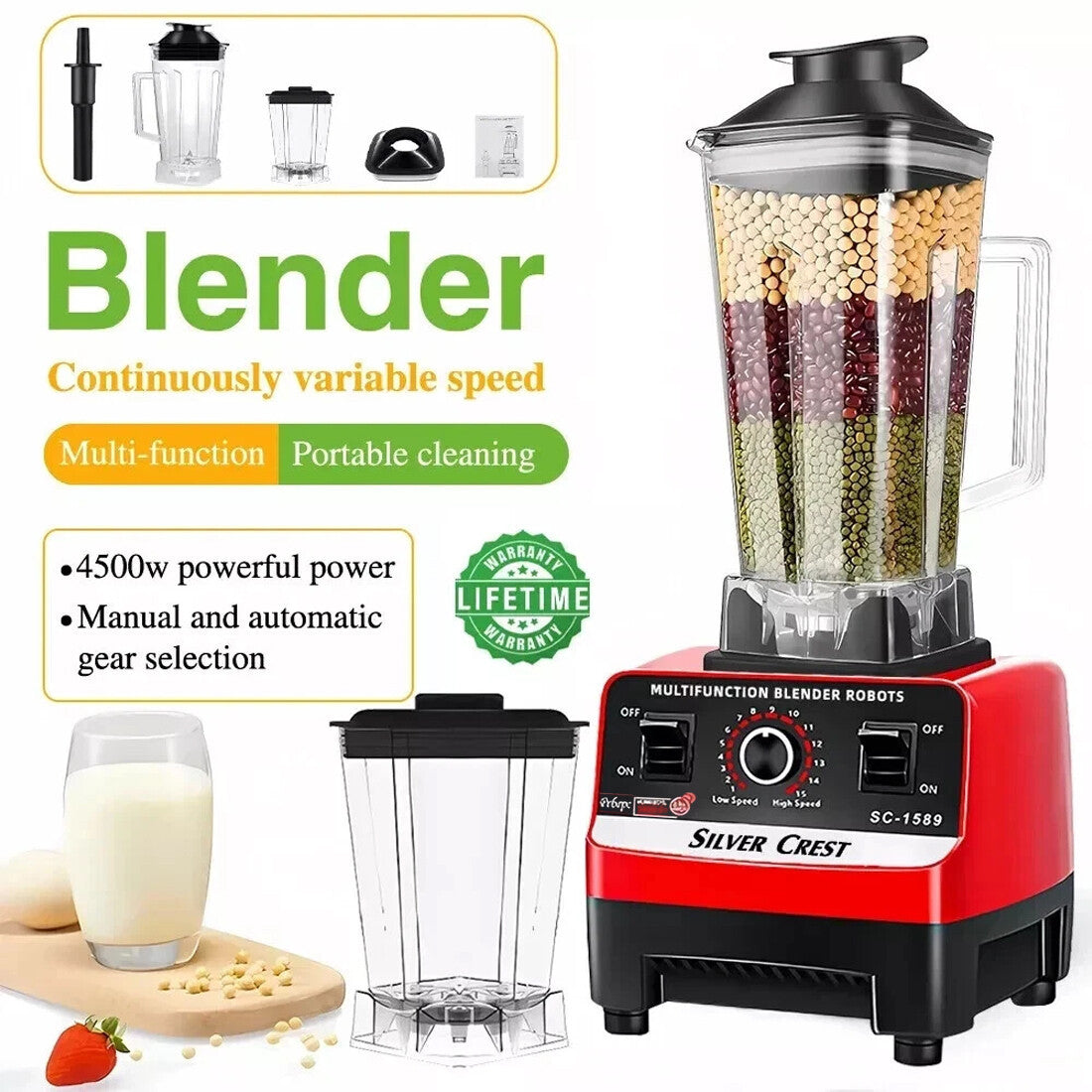 4500W Blender Food Processor Combo – Ice Crusher, Smoothie Maker & Juicer with 2 Jugs (2L + 600ml)
