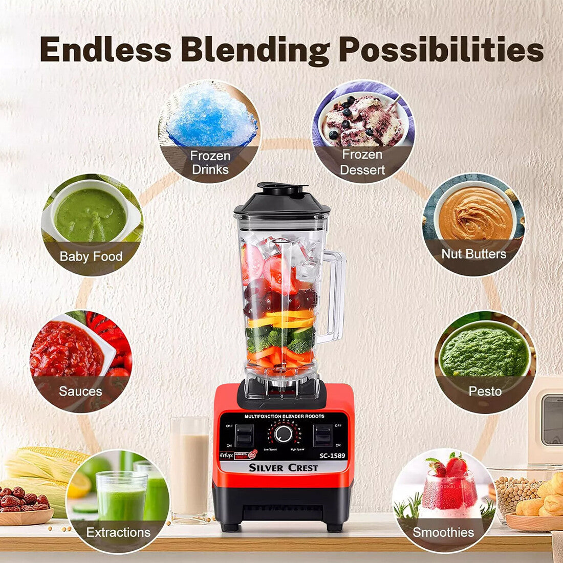 4500W Blender Food Processor Combo – Ice Crusher, Smoothie Maker & Juicer with 2 Jugs (2L + 600ml)