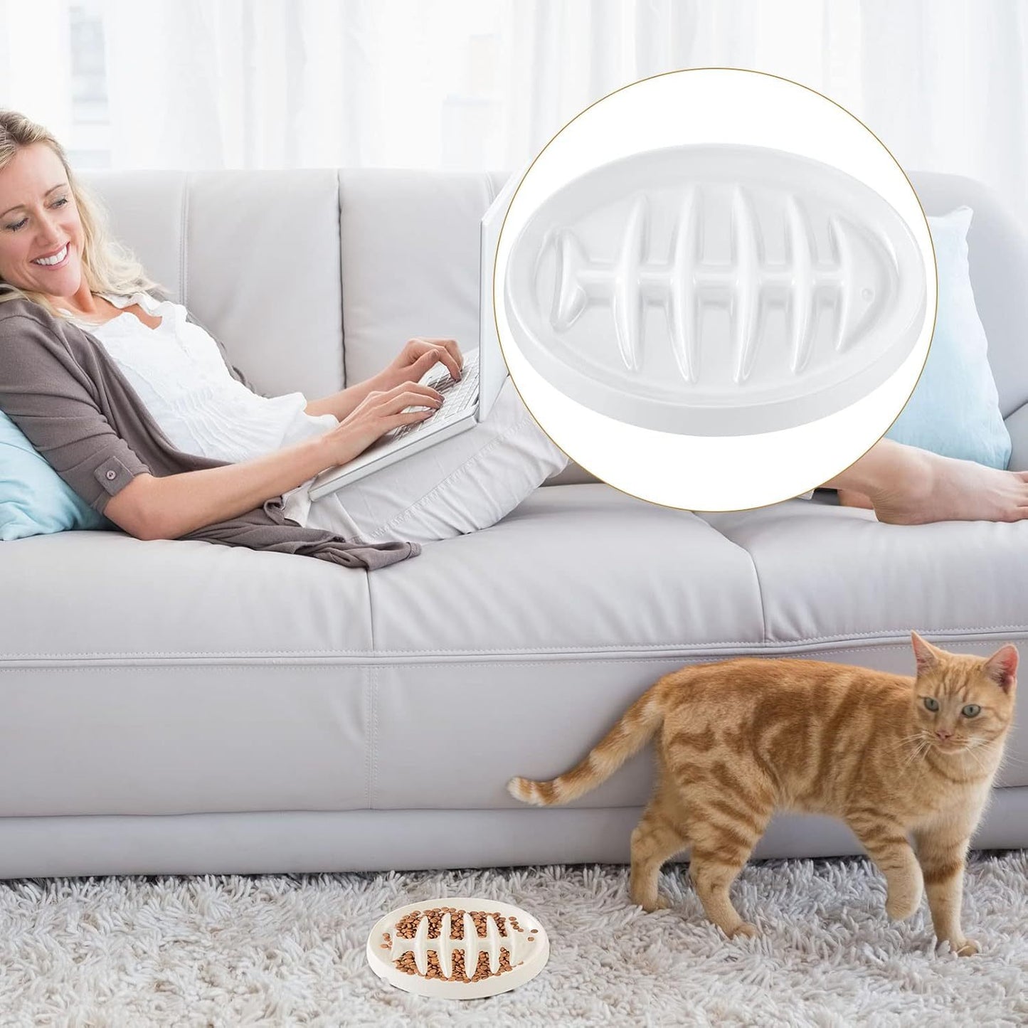 Fishbone Cat Slow Feeder Bowl – Interactive Cat Slow Feeder Dish for Wet & Dry Food, Anti-Gulping & Bloat Prevention