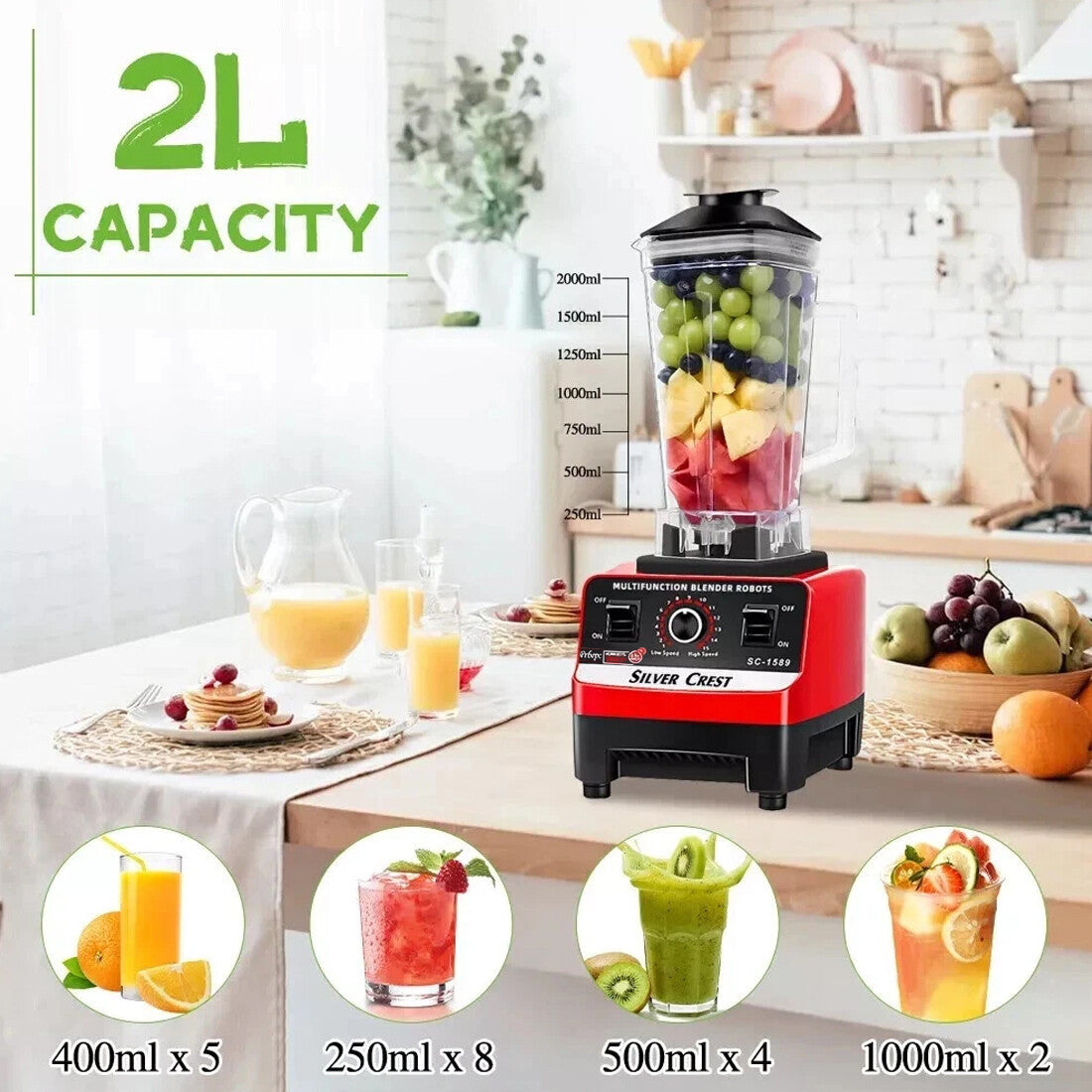 4500W Blender Food Processor Combo – Ice Crusher, Smoothie Maker & Juicer with 2 Jugs (2L + 600ml)