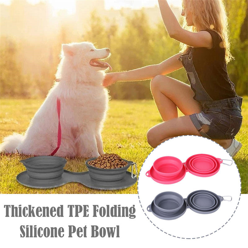 Foldable Silicone Double Pet Feeding Bowl – Portable No-Spill Travel Bowls for Dogs & Cats with Non-Slip Mat