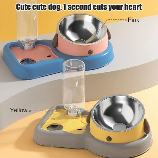 2-in-1 Tilted Pet Feeder Bowl with Automatic Water Dispenser – Neck Protection Feeding Station for Cats & Small Dogs