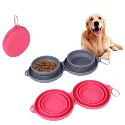 Foldable Silicone Double Pet Feeding Bowl – Portable No-Spill Travel Bowls for Dogs & Cats with Non-Slip Mat