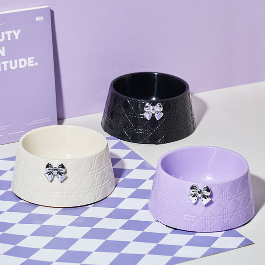 Princess Style Dog Food Bowl with Bowknot – Cute Diamond Pattern Puppy Feeder Dish for Cats & Small Dogs