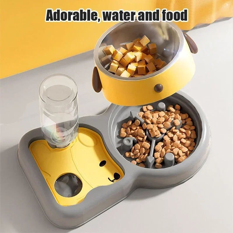 2-in-1 Tilted Pet Feeder Bowl with Automatic Water Dispenser – Neck Protection Feeding Station for Cats & Small Dogs