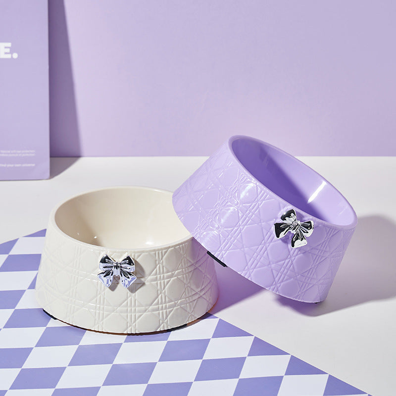 Princess Style Dog Food Bowl with Bowknot – Cute Diamond Pattern Puppy Feeder Dish for Cats & Small Dogs