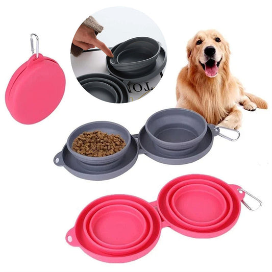 Foldable Silicone Double Pet Feeding Bowl – Portable No-Spill Travel Bowls for Dogs & Cats with Non-Slip Mat