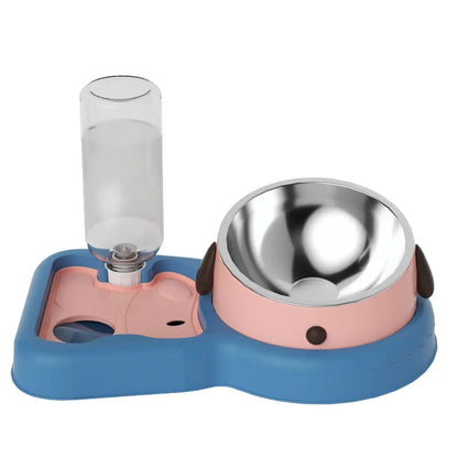 2-in-1 Tilted Pet Feeder Bowl with Automatic Water Dispenser – Neck Protection Feeding Station for Cats & Small Dogs