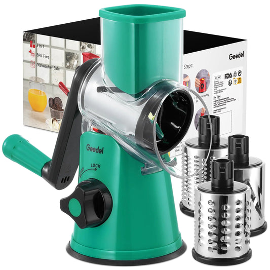 Geedel Rotary Cheese Grater with Handle – 3 Interchangeable Stainless Steel Blades for Slicing, Shredding & Grinding