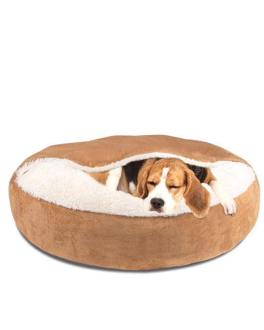 Small Dog Bed with Cover – Washable Round Cave Cuddler for Cats & Small Dogs (Khaki, 30")