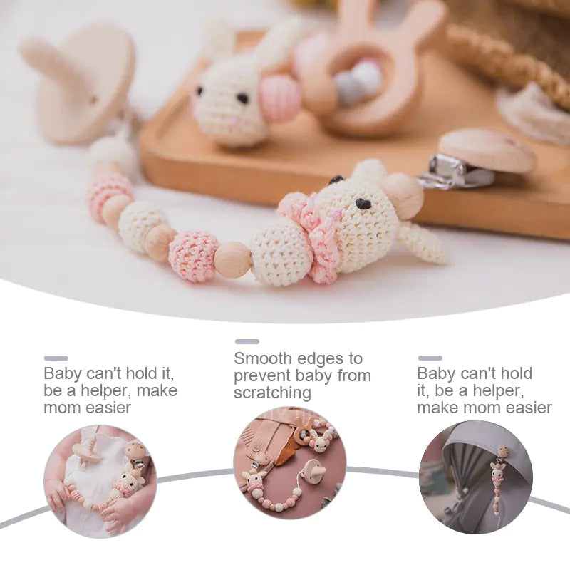 Handmade Crochet Bunny Pacifier Chain for Babies – Soft Plush Pacifier Chain Clip