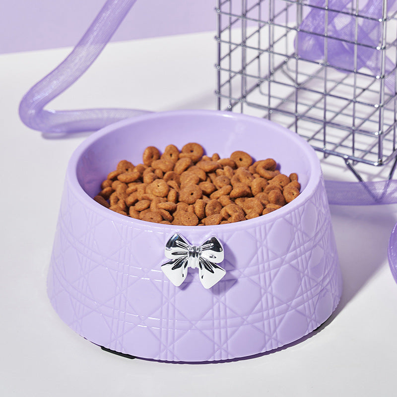 Princess Style Dog Food Bowl with Bowknot – Cute Diamond Pattern Puppy Feeder Dish for Cats & Small Dogs