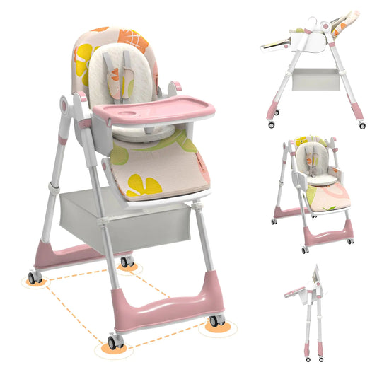 Adjustable Baby High Chair with Wheels – Foldable Toddler High Chair with Reclining Backrest